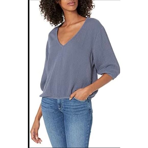 ‎Monrow Gray V-Neck 3/4 Sleeve Cotton Top - Picture 1 of 5